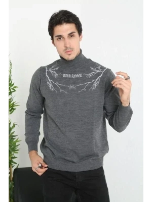 Baskılı Tam Boğazlı Uzun Kol Dokuma Triko  Antrasit