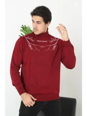 Baskılı Tam Boğazlı Uzun Kol Dokuma Triko  Bordo