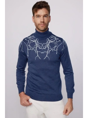 Baskılı Tam Boğazlı Uzun Kol Dokuma Triko  Indigo