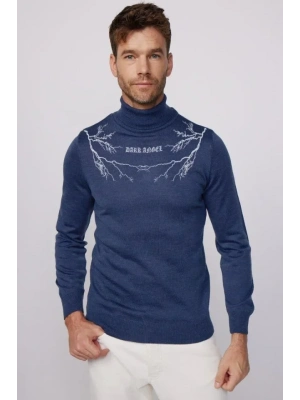 Baskılı Tam Boğazlı Uzun Kol Dokuma Triko  Indigo