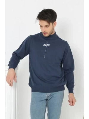 Baskılı Tam Boğazlı Uzun Kol Dokuma Triko  Indigo