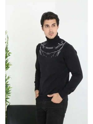 Baskılı Tam Boğazlı Uzun Kol Dokuma Triko  Siyah