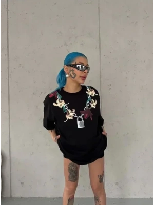 Baskılı Thirt Kısa Kol Bisiklet Yaka Regular Rahat Kalıp Günlük Tişört  iyah