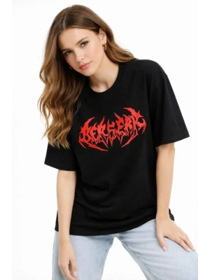 Baskılı Thirt Yazlık Kısa Kol Bisiklet Yaka Rahat Kalıp Tişört  iyah