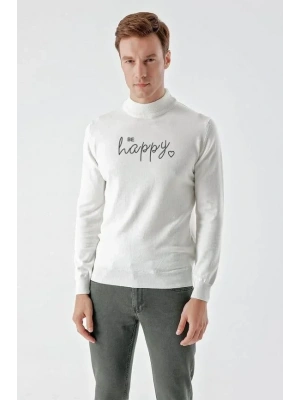 Baskılı Uzun Kol Yarım Boğazlı Dokuma Triko  Beyaz