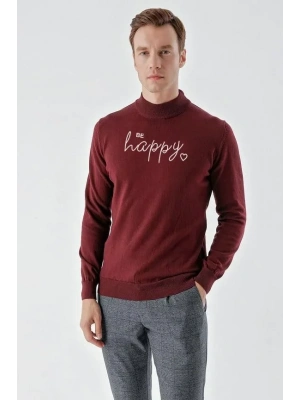 Baskılı Uzun Kol Yarım Boğazlı Dokuma Triko  Bordo