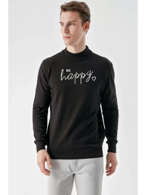 Baskılı Uzun Kol Yarım Boğazlı Dokuma Triko  Siyah