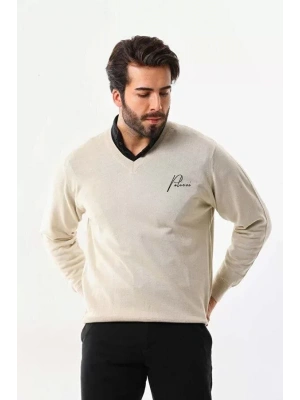 Baskılı V Yaka Uzun Kol Dokuma Triko  Bej