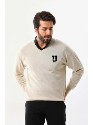 Baskılı V Yaka Uzun Kol Dokuma Triko  Bej