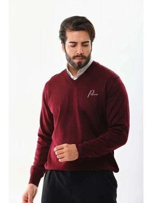 Baskılı V Yaka Uzun Kol Dokuma Triko  Bordo