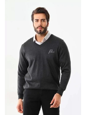 Baskılı V Yaka Uzun Kol Dokuma Triko  Füme