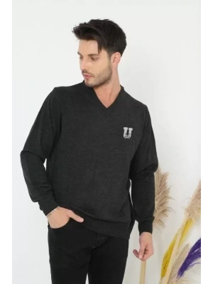 Baskılı V Yaka Uzun Kol Dokuma Triko  Füme