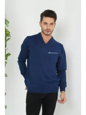 Baskılı V Yaka Uzun Kol Dokuma Triko  Indigo