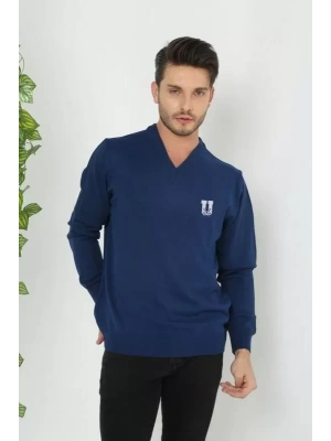 Baskılı V Yaka Uzun Kol Dokuma Triko  Indigo