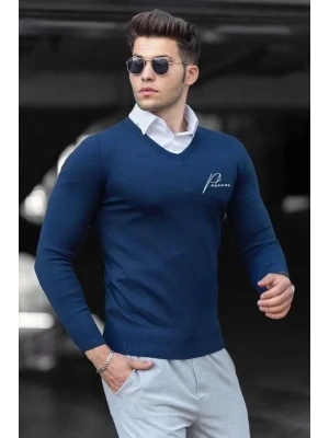 Baskılı V Yaka Uzun Kol Dokuma Triko  Indigo