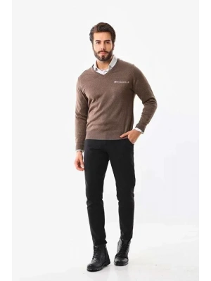 Baskılı V Yaka Uzun Kol Dokuma Triko  Kahve