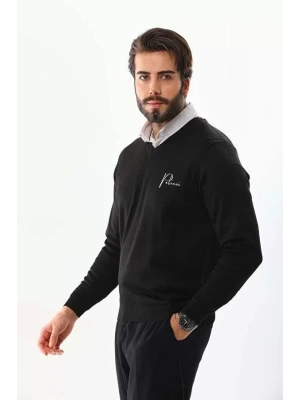 Baskılı V Yaka Uzun Kol Dokuma Triko  Siyah