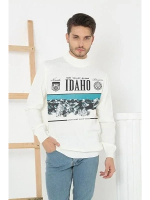 Baskılı Yarım Boğazlı Uzun Kol Dokuma Triko  Beyaz