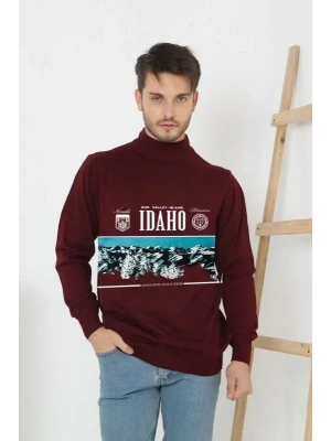 Baskılı Yarım Boğazlı Uzun Kol Dokuma Triko  Bordo