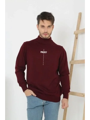 Baskılı Yarım Boğazlı Uzun Kol Dokuma Triko  Bordo
