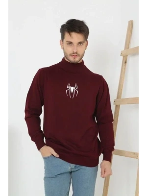 Baskılı Yarım Boğazlı Uzun Kol Dokuma Triko  Bordo