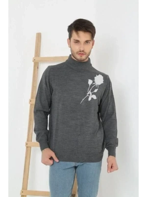 Baskılı Yarım Boğazlı Uzun Kol Dokuma Triko  Füme