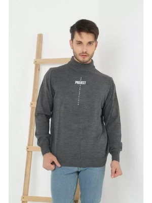 Baskılı Yarım Boğazlı Uzun Kol Dokuma Triko  Füme