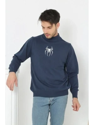 Baskılı Yarım Boğazlı Uzun Kol Dokuma Triko  Indigo