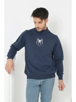 Baskılı Yarım Boğazlı Uzun Kol Dokuma Triko  Indigo