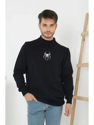 Baskılı Yarım Boğazlı Uzun Kol Dokuma Triko  Siyah