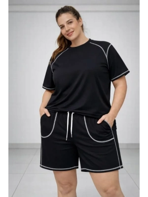 Battal Beden Kısa Kollu Tişört Şort Takım Kontrast Dikiş Detaylı Günlük Ev Giyimi  Siyah