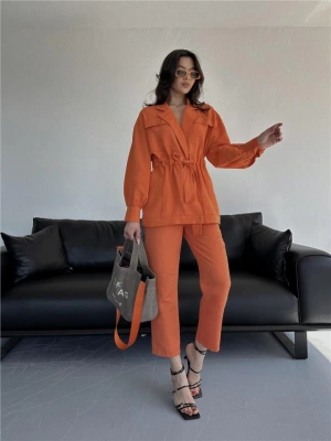 BE BÜZGÜ DETAYI PANTOON  CEKET TAKI KETEN  Turuncu