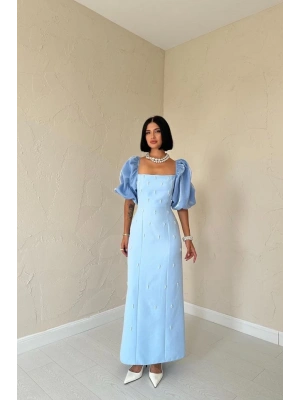 Bebe Mavi İşlemeli Kolu Garnili Elbise