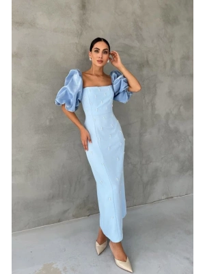 Bebe Mavi İşlemeli Kolu Garnili Elbise