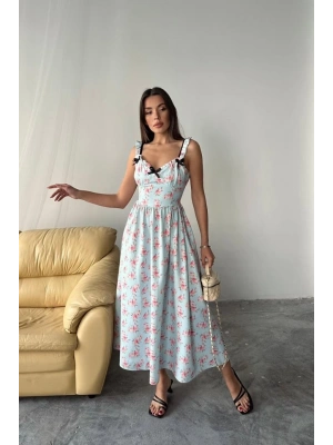 Bebe Mavi Önü Fiyonklu Çiçekli Elbise