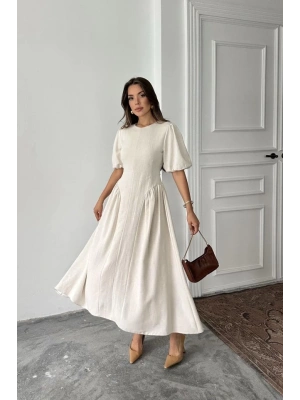 Bej Arkadan Bağlamalı Büzgülü Keten Elbise