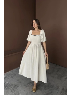 Bej Arkası Bağlamalı Keten Elbise