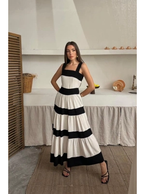 Bej Arkası Fiyonklu Keten Elbise