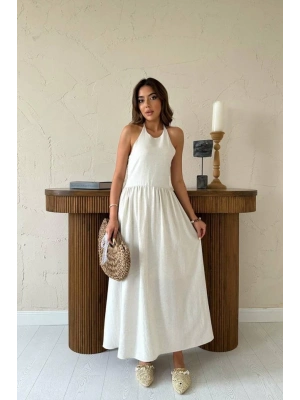 Bej Arkası Gipeli Keten Elbise