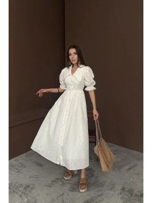 Bej Bebe Yaka Balon Kollu Brode Elbise