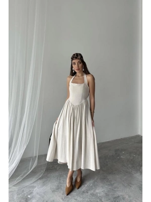 Bej Boyundan Bağlamalı Keten Elbise