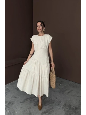 Bej Büzgü Detaylı Keten Elbise