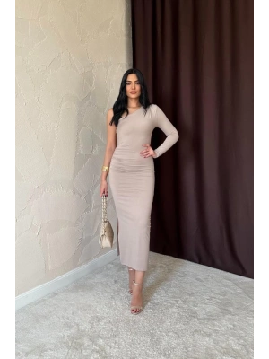 Bej Büzgü Detaylı Tek Omuz Elbise