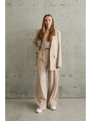 Bej Çizgili Ceket  Yelek Ve Pantolon Takım