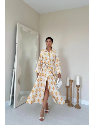 Bej Desenli Ve Önü Düğmeli Keten Elbise