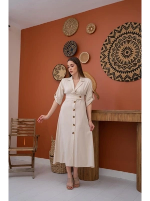Bej Düğmeli Keten Elbise
