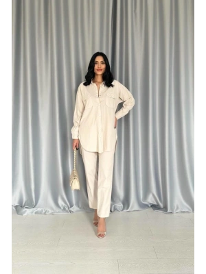 Bej Gömlek Ve Çıtçıtlı Pantolon Takım