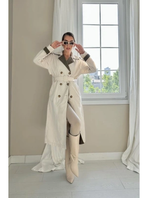 Bej Haki Arkası Çizgili Ve Kemerli Trençkot