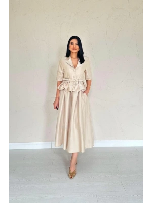 Bej İnce Kemerli Fırfırlı Ceket Ve Büzgülü Etek Takım