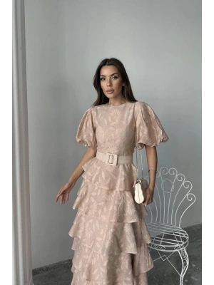 Bej Kat Kat Balon Kollu Kemerli Elbise